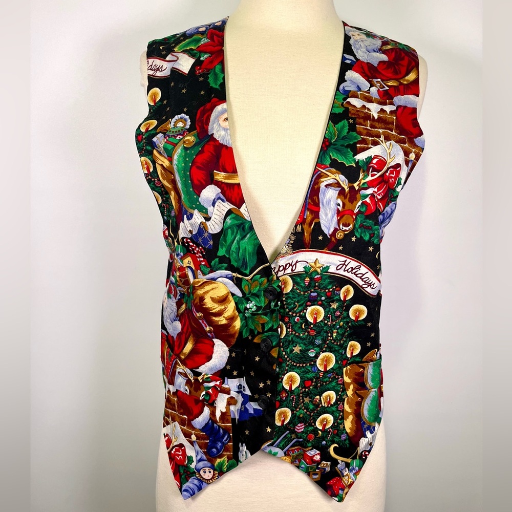 Vintage 90s JLN USA Christmas Vest Medium Santa Holiday Festive Teach Poinsettia
